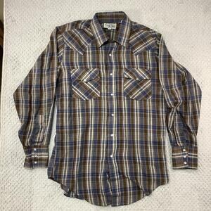 Vintage Silver Spur Shirt Mens 15.5 Plaid Western Pearl Snap Cowboy Brown 70s